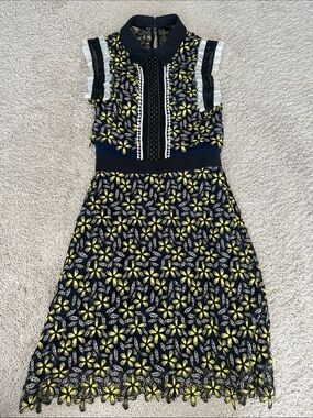 Self-Portrait Navy and Yellow Lace Mini Dress with Floral Embroidery, size 2